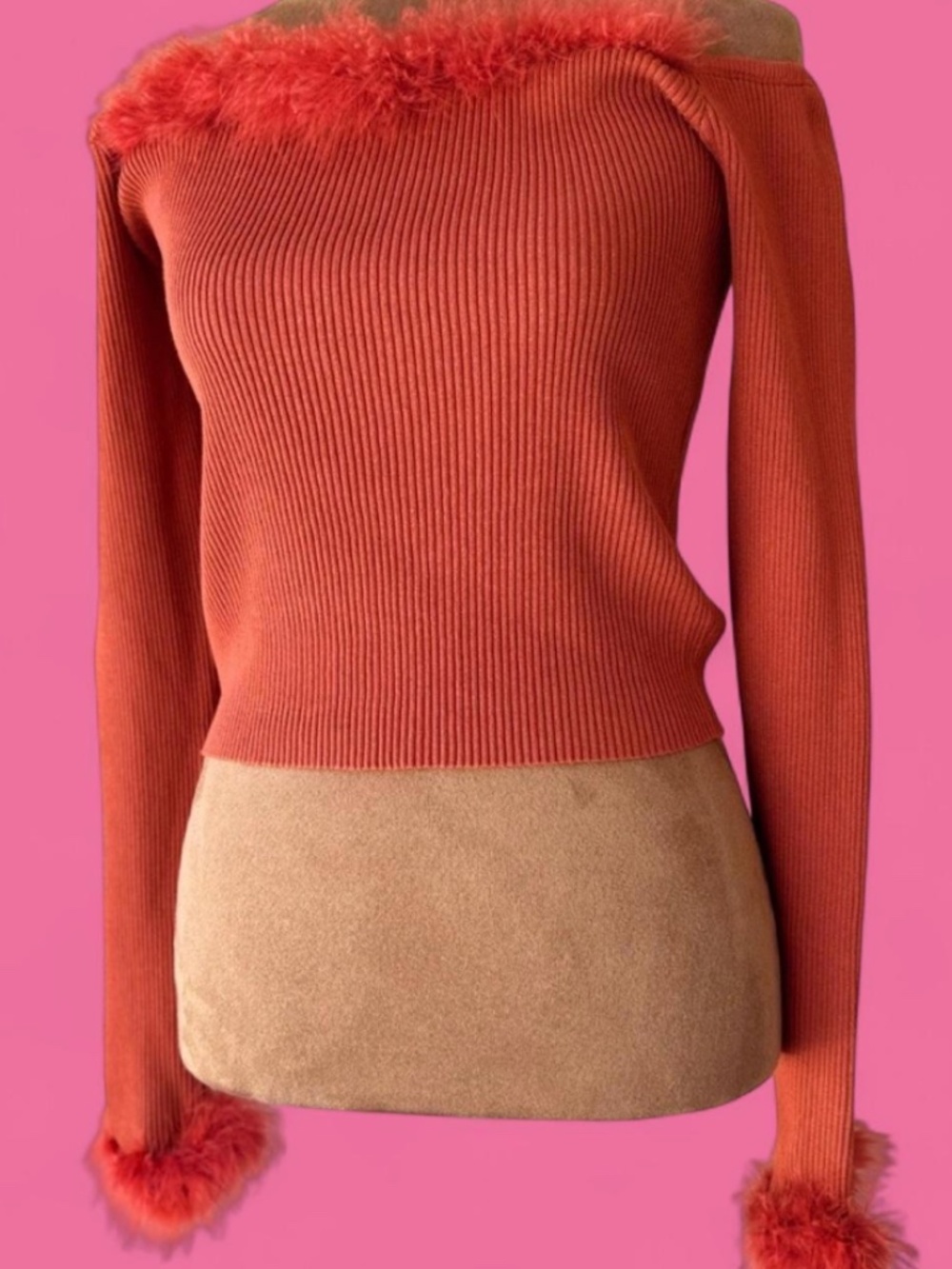 Orange Women's Faux Feather Trim Ribbed Long-Sleeve Old Hollywood Glamour Blouse